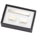 2 Tone Silver Metal Cufflinks w/ Matching Tie Clip